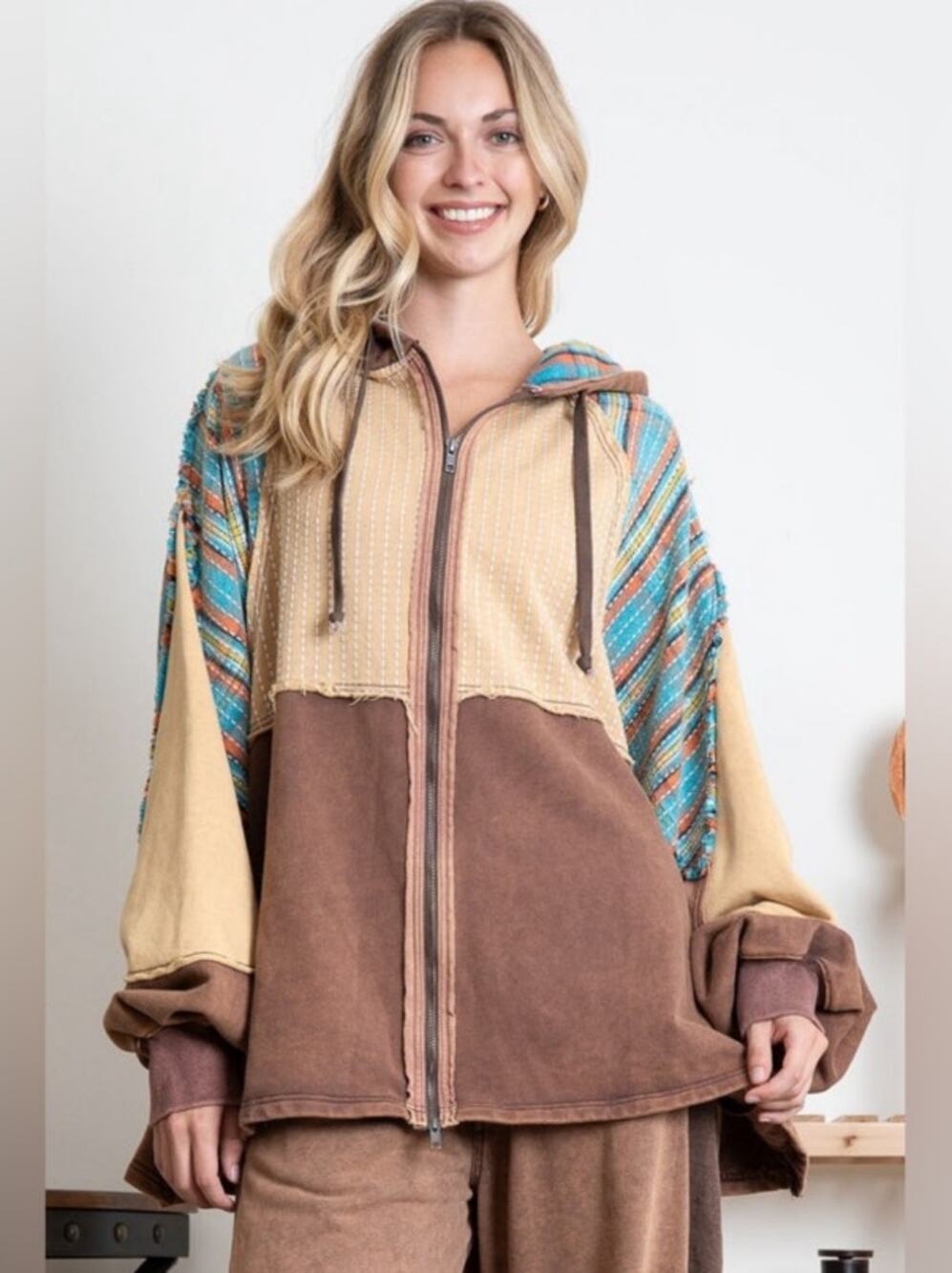 Blue Velvet Colorblock Patchwork Hooded Jacket L NWT - Artisan Comfort